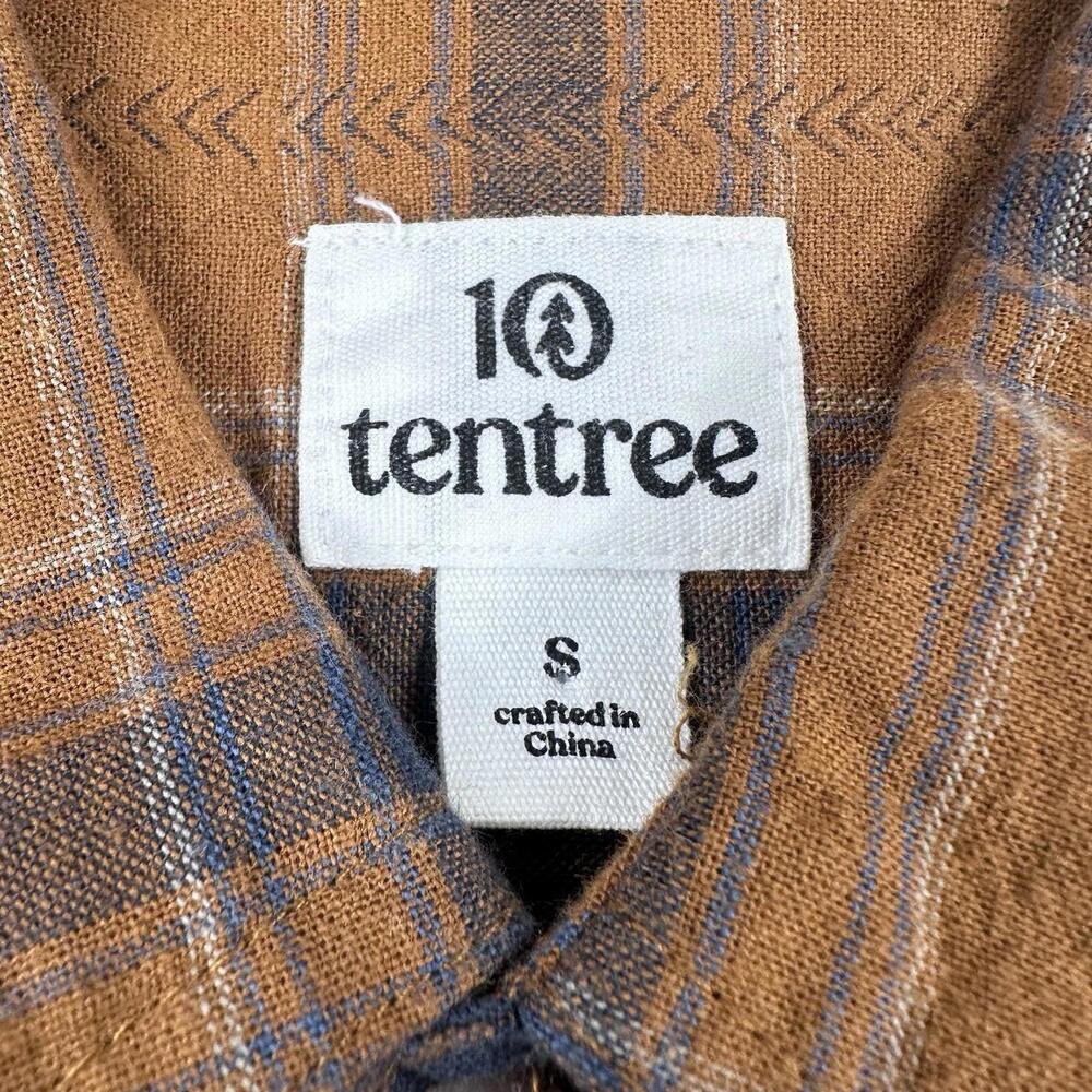 Tentree Shirt Men Small Burnt Orange Blue Check Plaid Button Ikat Hickory Stripe - Picture 3 of 7